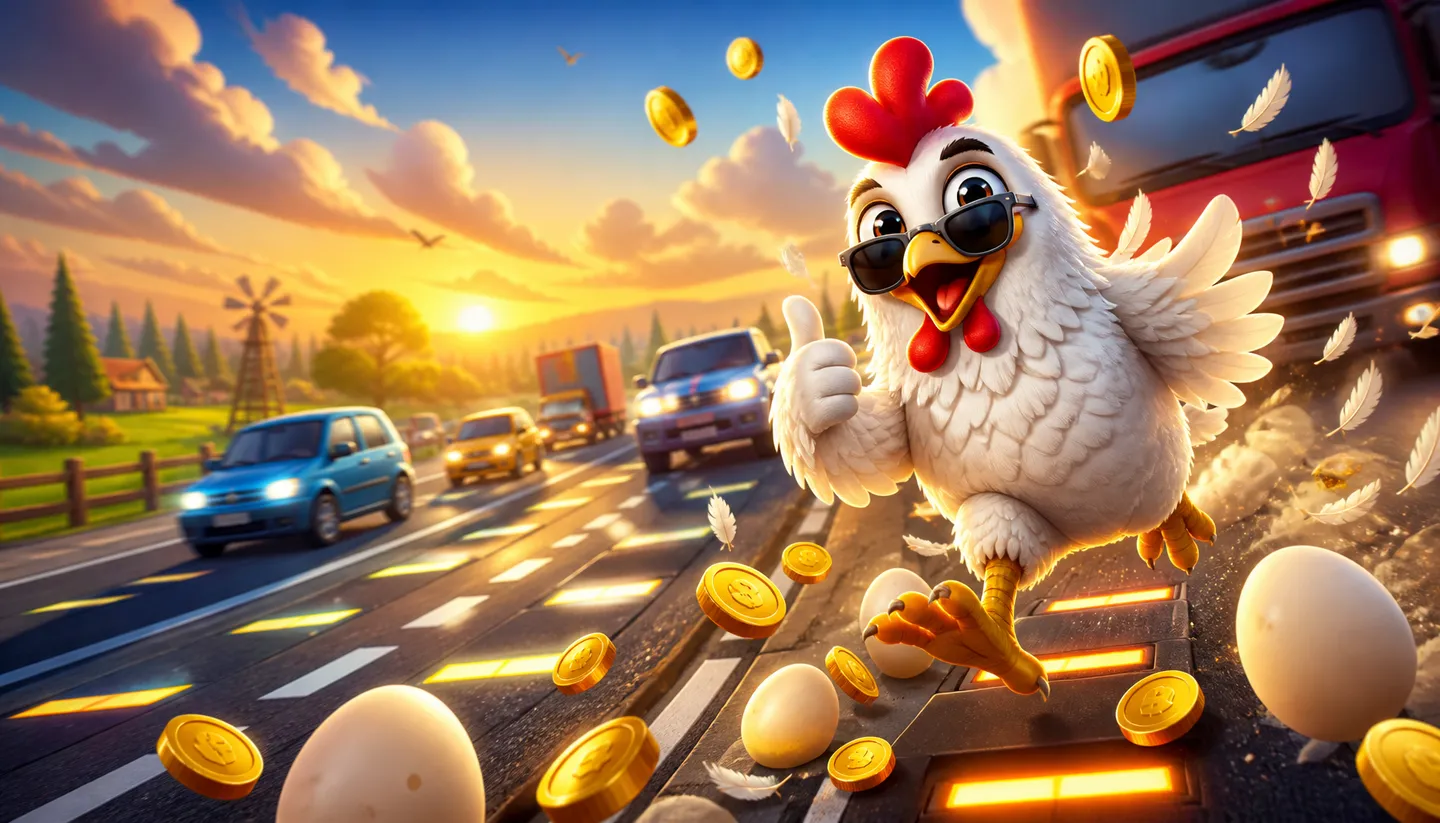 3D CGI chicken navigating a busy road with obstacles, coins, and eggs in Chicken Road game scene
