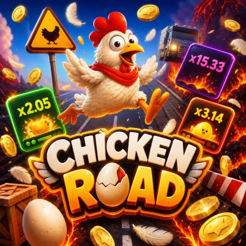 Chicken Road slot game promo image featuring chicken mascot, road lanes, and playful bright graphics